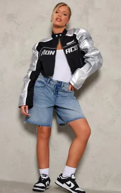 PrettyLittleThing Faux Leather Jackets*Metallic Faux Leather Contrast Sleeve Racer Jacket