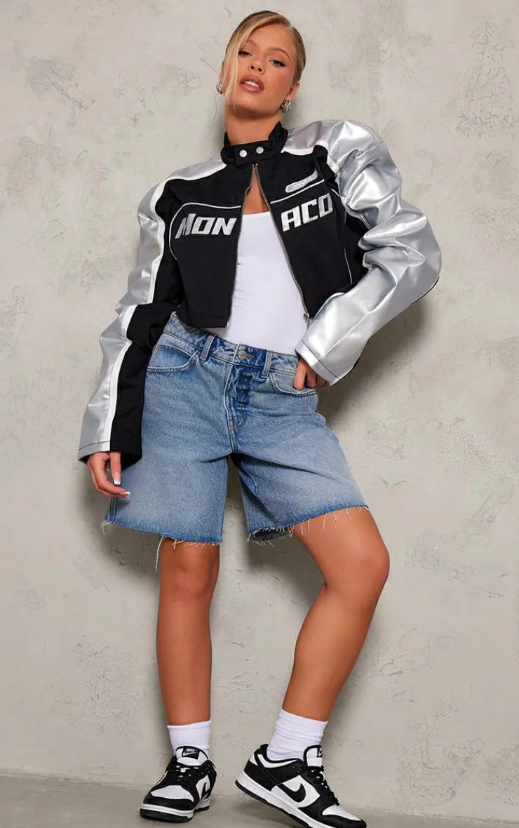 PrettyLittleThing Faux Leather Jackets*Metallic Faux Leather Contrast Sleeve Racer Jacket