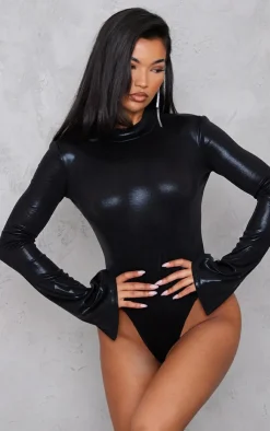 PrettyLittleThing Metallic High Neck Open Back Bodysuit Black