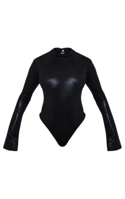 PrettyLittleThing Metallic High Neck Open Back Bodysuit Black