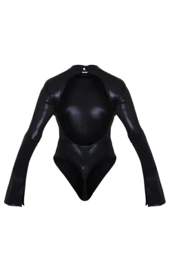 PrettyLittleThing Metallic High Neck Open Back Bodysuit Black
