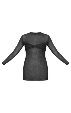 Metallic Ribbed Twist Bust Long Sleeve Mini Dress-PrettyLittleThing Outlet