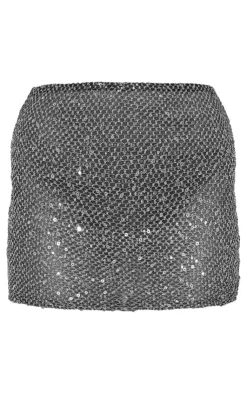 Discount PrettyLittleThing Metallic Textured Mesh Dipped Hem Mini Skirt Black