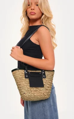PrettyLittleThing Shoppers*Mini PU Trim Straw Tote Bag