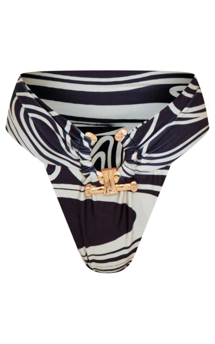 Black Monochrome Swirl Print Hammered Trim Bikini Bottom