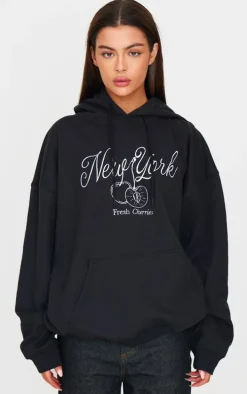 Black New York Cherry Embroidered Hoodie