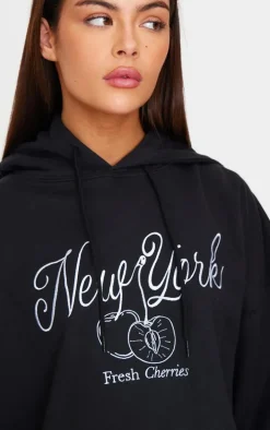 Black New York Cherry Embroidered Hoodie