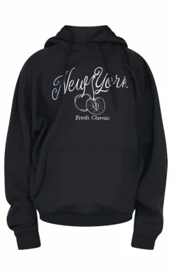 Black New York Cherry Embroidered Hoodie