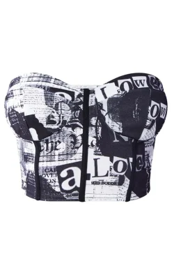 Online PrettyLittleThing Newspaper Print Cup Detail Corset Top Black