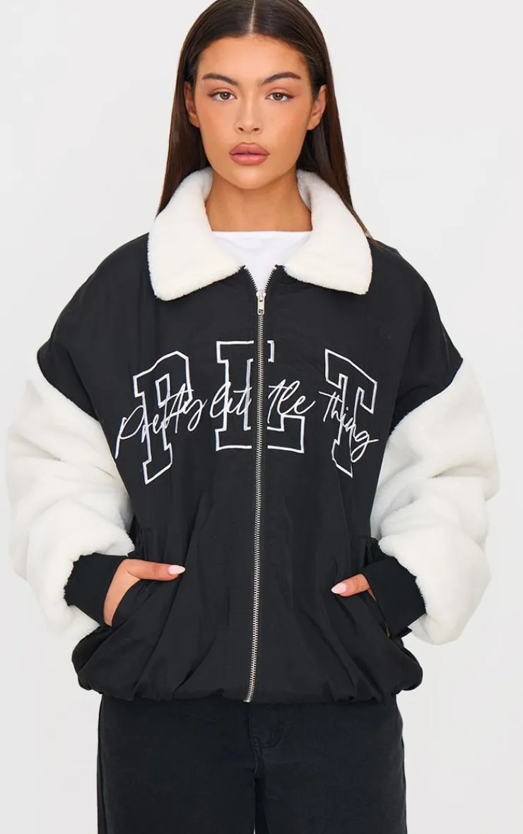 PrettyLittleThing Bomber Jackets*Nylon Contrast Faux Fur Sleeves Bomber Jacket
