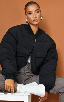 PrettyLittleThing Bomber Jackets*Nylon Pocket Front Panel Sleeve Oversized Bomber Jacket
