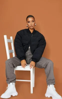 PrettyLittleThing Bomber Jackets*Nylon Pocket Front Panel Sleeve Oversized Bomber Jacket