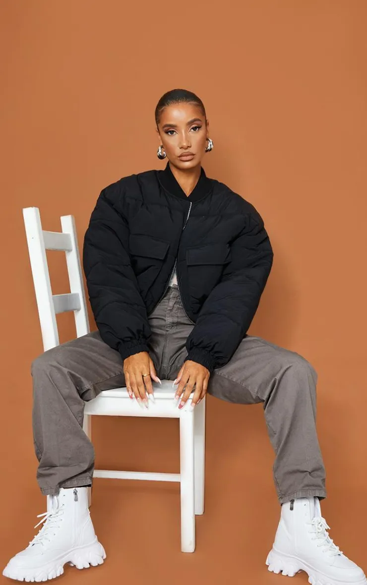 PrettyLittleThing Bomber Jackets*Nylon Pocket Front Panel Sleeve Oversized Bomber Jacket