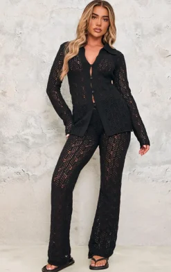 New PrettyLittleThing Open Crochet Knit Pants Black