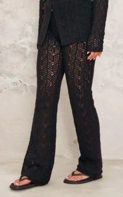 New PrettyLittleThing Open Crochet Knit Pants Black