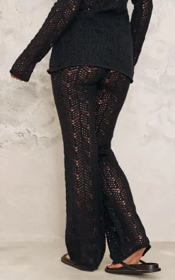 New PrettyLittleThing Open Crochet Knit Pants Black