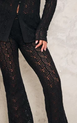 New PrettyLittleThing Open Crochet Knit Pants Black