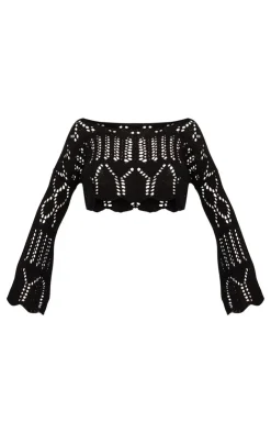 PrettyLittleThing Sweaters*Open Crochet Knit Slouchy Flared Sleeve Sweater
