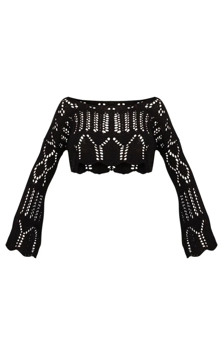 PrettyLittleThing Sweaters*Open Crochet Knit Slouchy Flared Sleeve Sweater