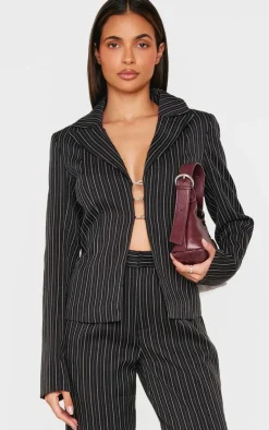 Hot PrettyLittleThing Open Front Pinstripe Fitted Shirt Black