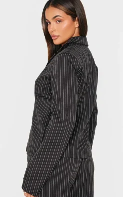 Hot PrettyLittleThing Open Front Pinstripe Fitted Shirt Black