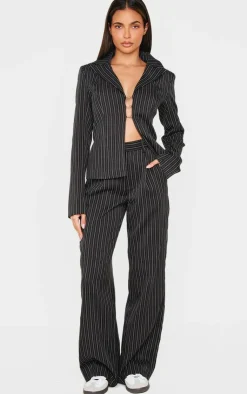 Hot PrettyLittleThing Open Front Pinstripe Fitted Shirt Black