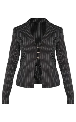 Hot PrettyLittleThing Open Front Pinstripe Fitted Shirt Black