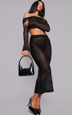 Online PrettyLittleThing Open Knit Midi Skirt Black