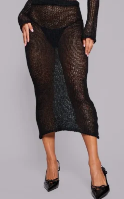 Online PrettyLittleThing Open Knit Midi Skirt Black