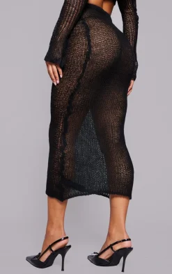 Online PrettyLittleThing Open Knit Midi Skirt Black