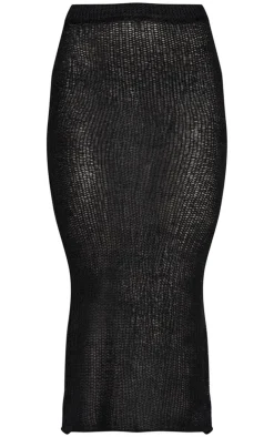 Online PrettyLittleThing Open Knit Midi Skirt Black