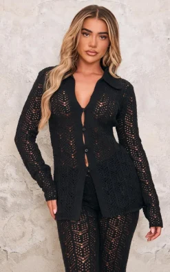 Online PrettyLittleThing Open Knit Shirt Black