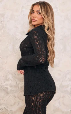 Online PrettyLittleThing Open Knit Shirt Black