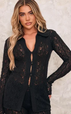 Online PrettyLittleThing Open Knit Shirt Black