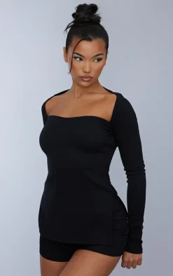Hot PrettyLittleThing Ottoman Ribbed Long Sleeve Top Black