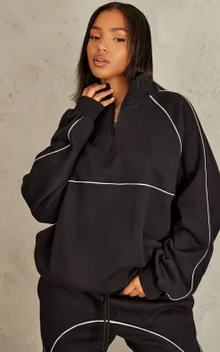 PrettyLittleThing Black Sweatsuits*Oversized Contrast Piping Quarter Zip Sweatshirt