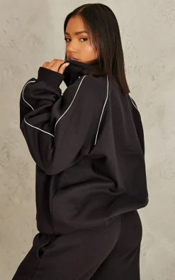 PrettyLittleThing Black Sweatsuits*Oversized Contrast Piping Quarter Zip Sweatshirt