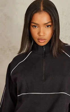 PrettyLittleThing Black Sweatsuits*Oversized Contrast Piping Quarter Zip Sweatshirt