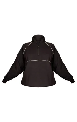 PrettyLittleThing Black Sweatsuits*Oversized Contrast Piping Quarter Zip Sweatshirt