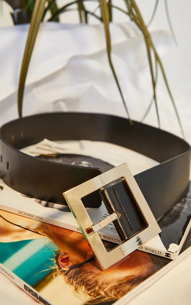 PrettyLittleThing Black Belts*Oversized Gold Buckle Chunky Waist Belt