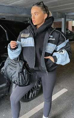 PrettyLittleThing Bomber Jackets*Oversized Graphic Zipped Racer Bomber Jacket