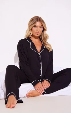 Black Oversized Jersey Piping Detail Long PJ Set