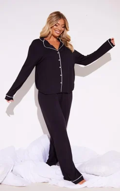 Black Oversized Jersey Piping Detail Long PJ Set