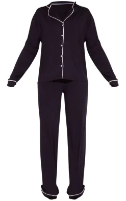 Black Oversized Jersey Piping Detail Long PJ Set