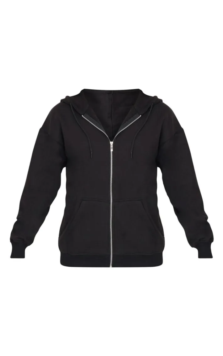 Black Oversized Zip Up Plain Front Hoodie