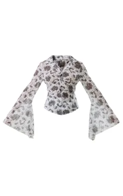 Clearance PrettyLittleThing Paisley Print Chiffon Ruched Tie Front Fitted Blouse Black