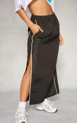 Black Parachute Piping Detail Track Maxi Skirt