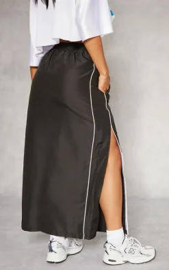Black Parachute Piping Detail Track Maxi Skirt