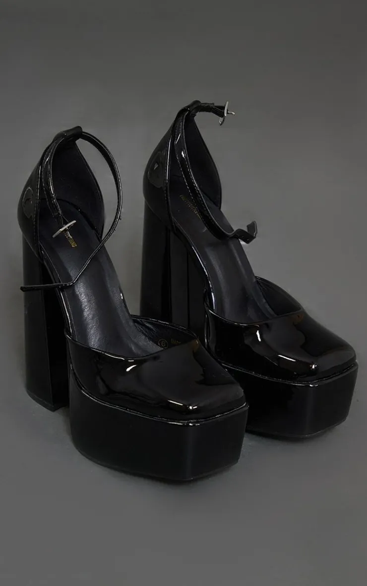 PrettyLittleThing High Heels*Patent PU Square Toe Platform High Block Heeled Sandals