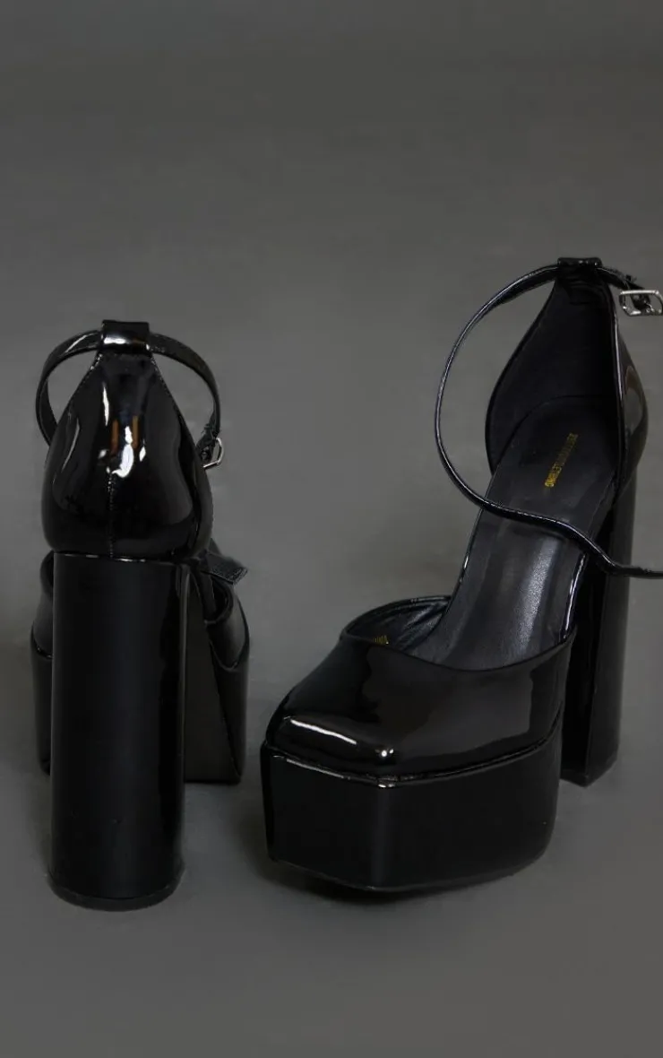 PrettyLittleThing High Heels*Patent PU Square Toe Platform High Block Heeled Sandals